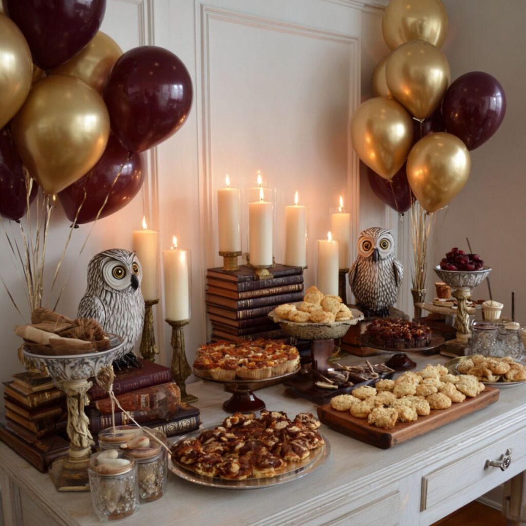 Party table with a ceramic owl, gold and burgandy balloons, and candles.