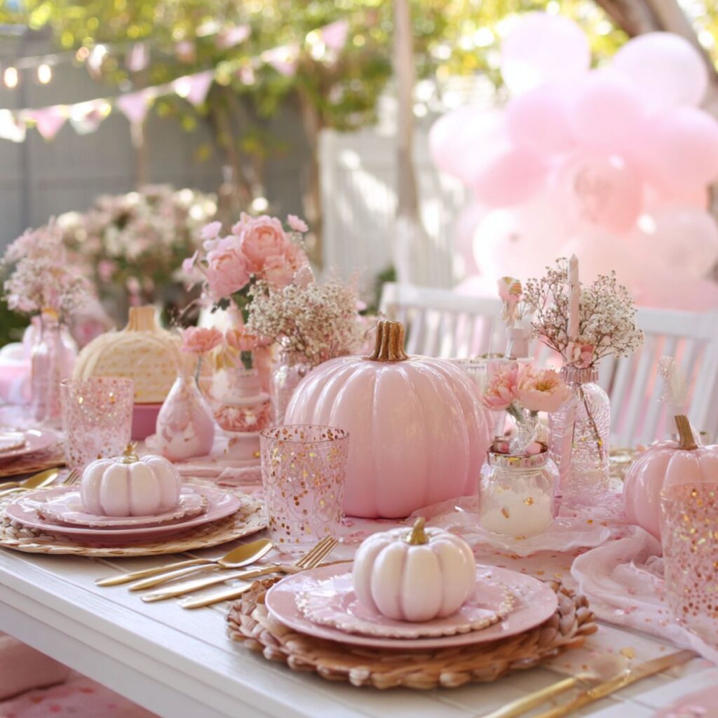 Table set with pink pumpkins, plates, and pink balloons.