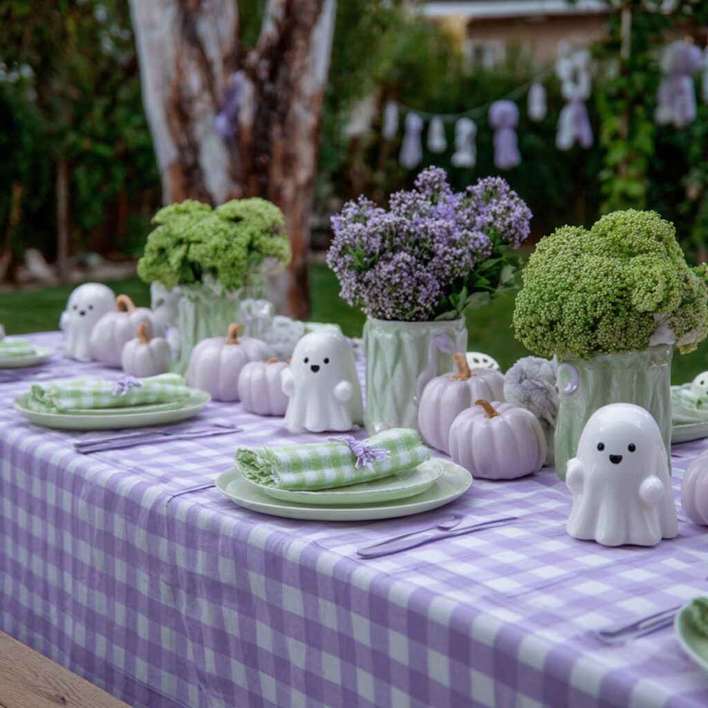 Outdoor party table with purple tablecloth and ceramic ghosts.
