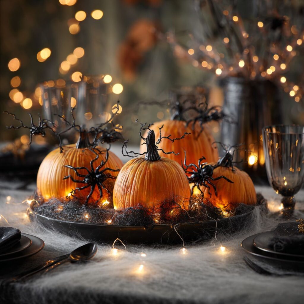 Mini pumpkins on a platter with fairy lights.