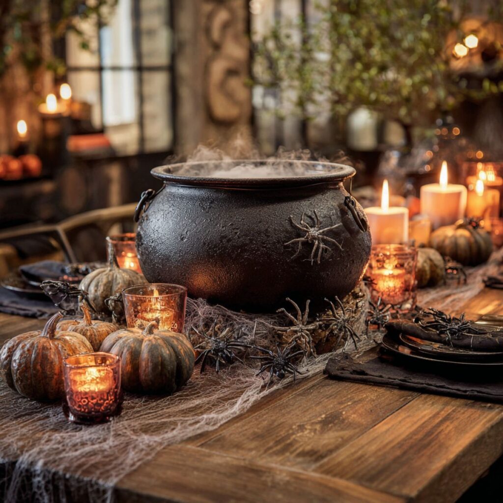 A cauldron on a table with mini pumpkins and candles.