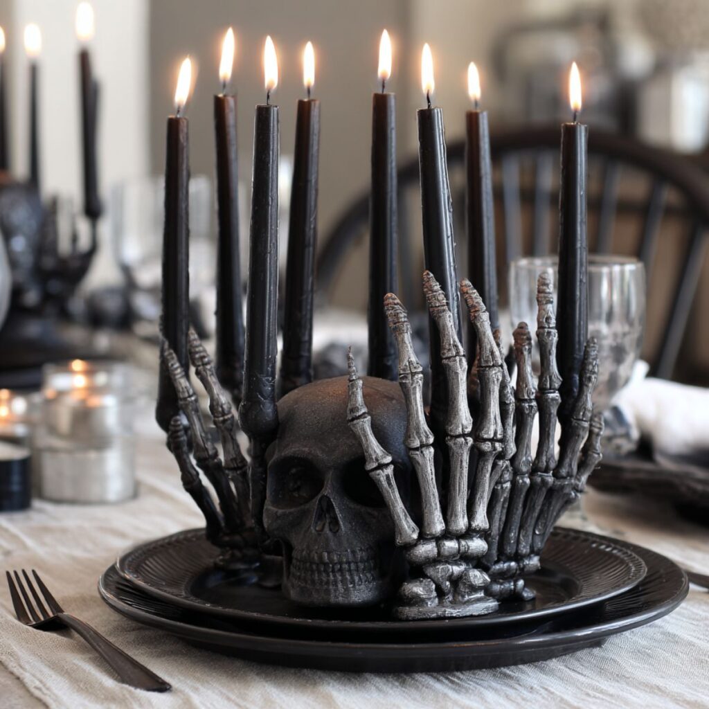 Skull hands on a plate with black candles.