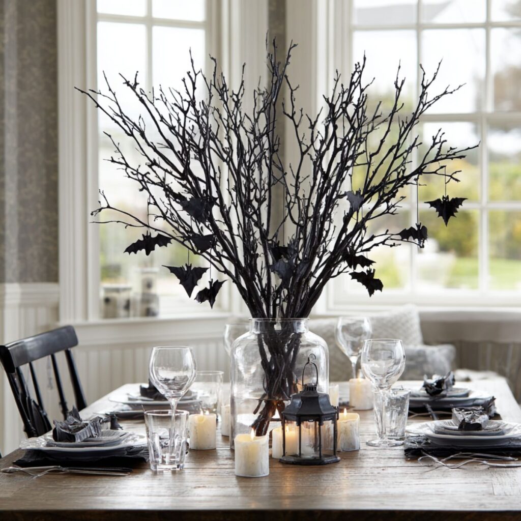 Table with black branches in a vase. Plastic bats hanging on the branches.
