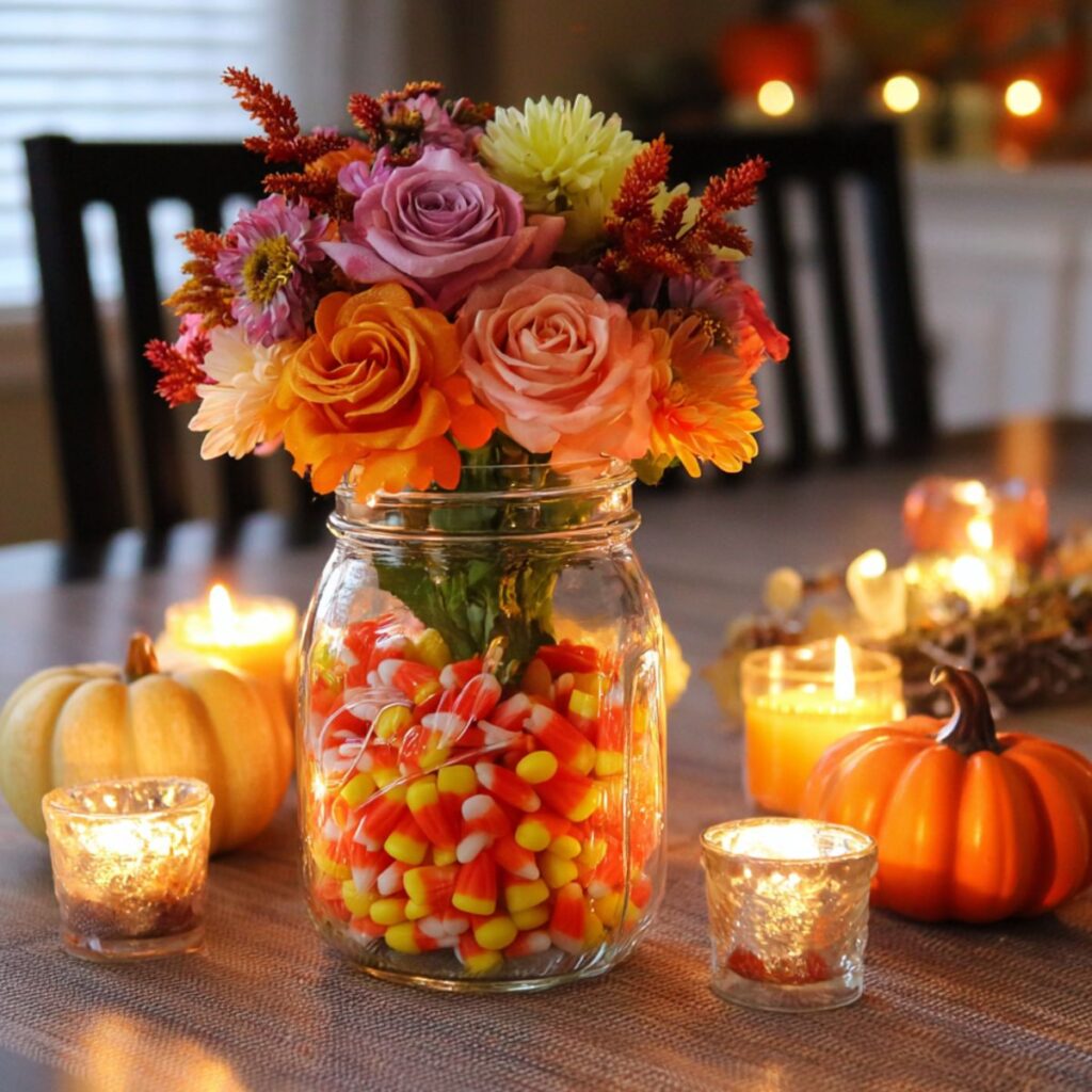 Mason jar filled with candy corns and topped with flowers. Candles and pumpkins are also on the table.