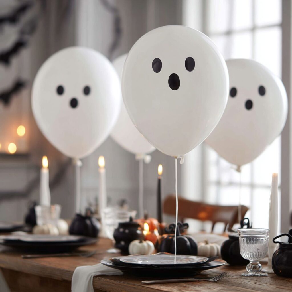 Table with white ghost balloons.