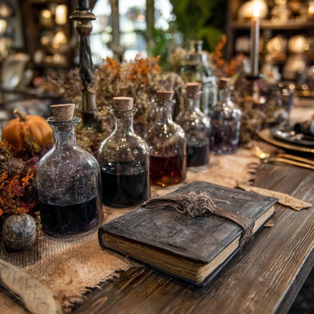 Table with potion bottles and a leather bound book.