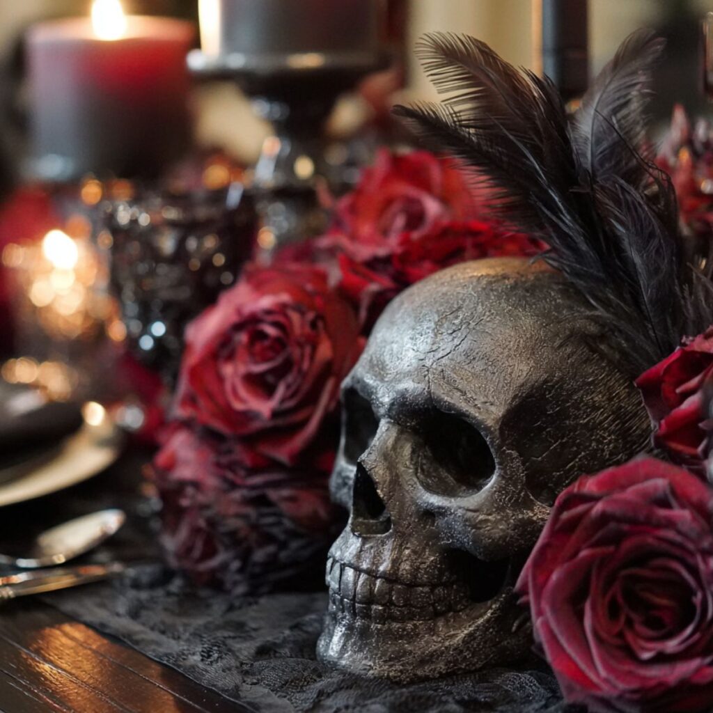 A metal skull surrounded by roses and candles as a table centerpiece.