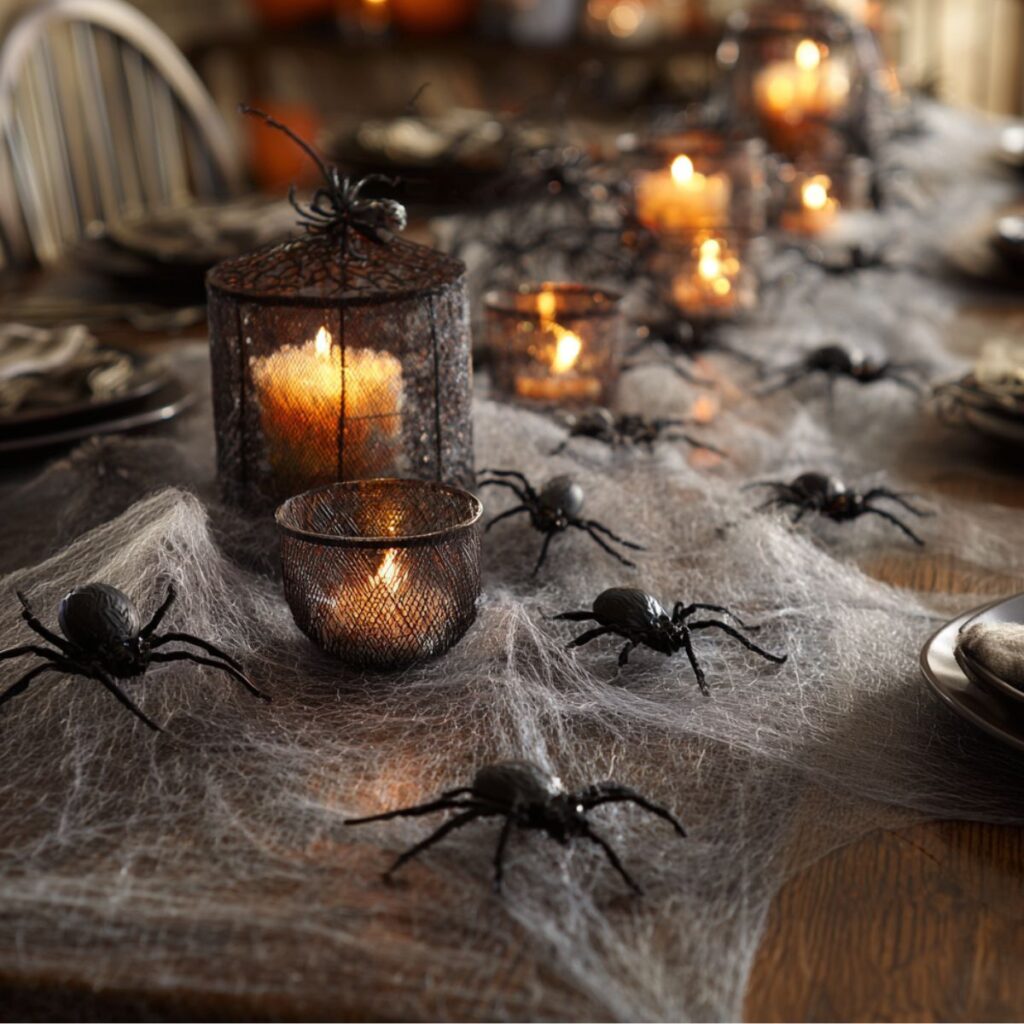 Table with fake spider webs, plastic spiders, and candles.
