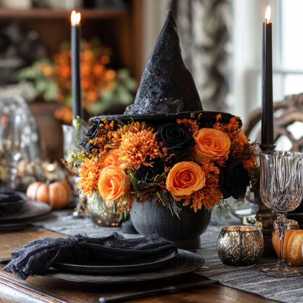 Table with a centerpiece made or orange flowers and a witch hat.