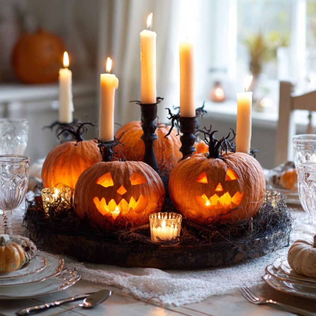 A table with a centerpiece of mini jack-o-lanterns and candles.