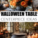 Table with witches hat and flowers and a cauldron.