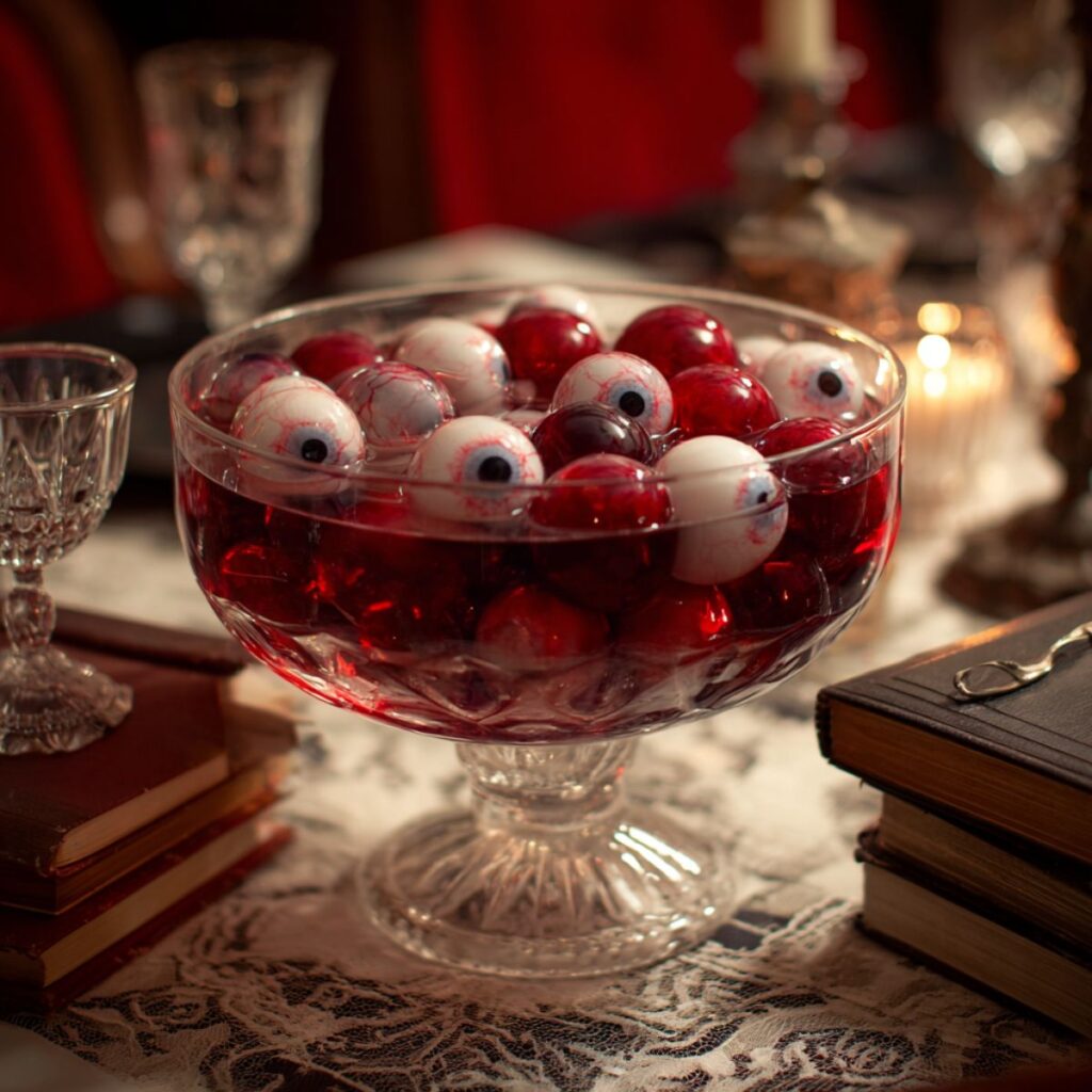 Bowl with red balls and floating ping pong ball eyes for a spooky halloween table.