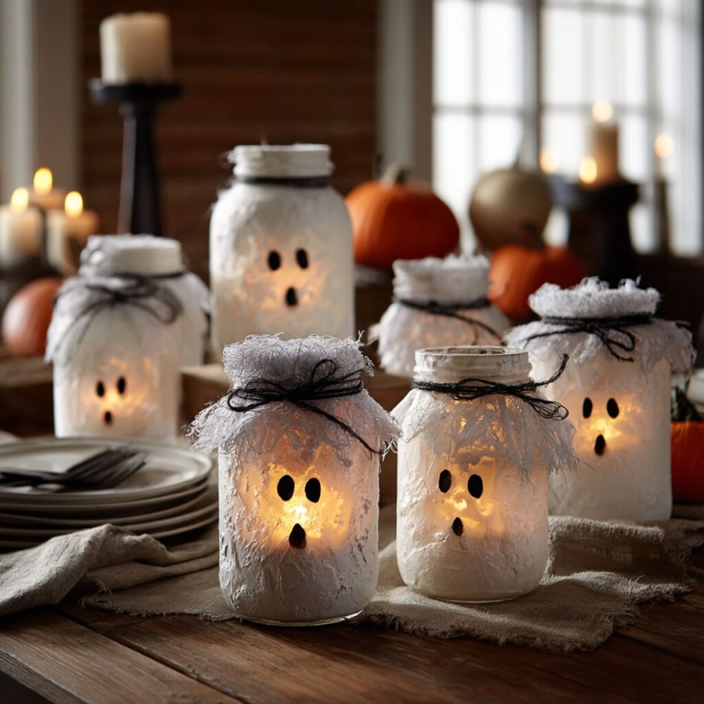 Jars with a light in the jar and ghost faces painted on.