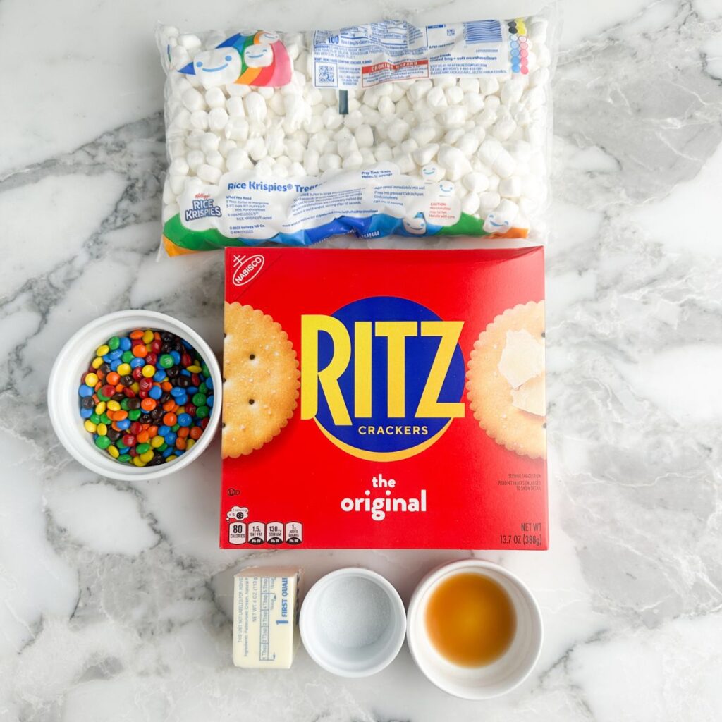 Box of Ritz crackers, bag of marshmallows, butter, vanilla, and m&ms.