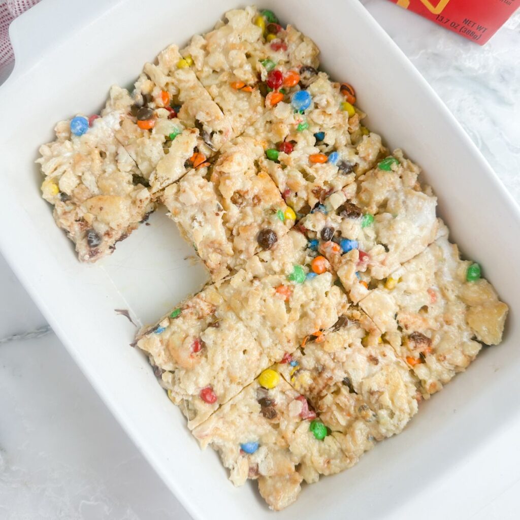 Baking dish with Ritz marshmallow treats. 