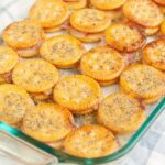 Baking dish with Ritz sandwich crackers.