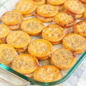 Baking dish with Ritz sandwich crackers.