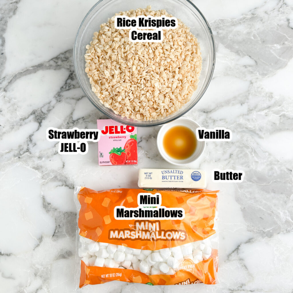 Rice Krisipies, JELL-O, vanilla, butter, and mini marshmallows. 