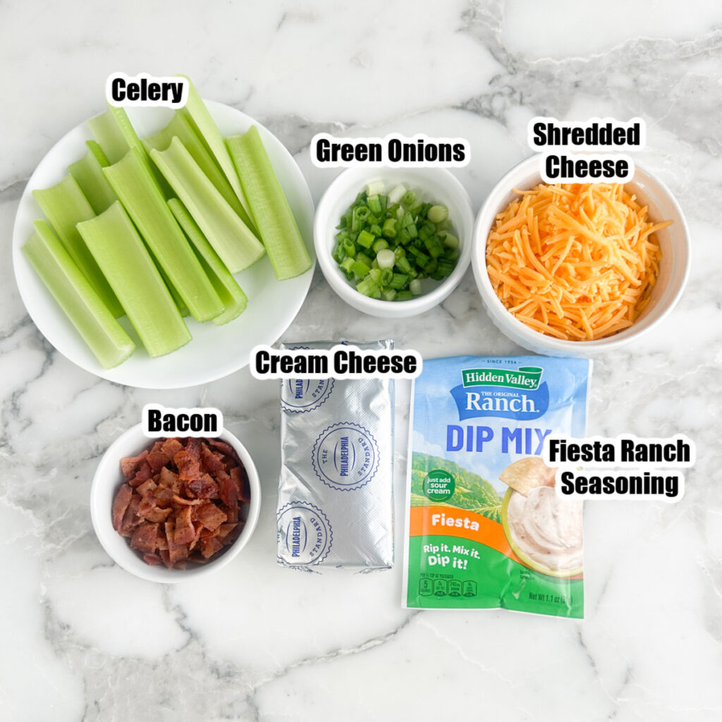 Fiesta ranch seasoning, celery, green onions, shredded cheese, crumbled bacon, cream cheese, and fiesta ranch seasoning. 